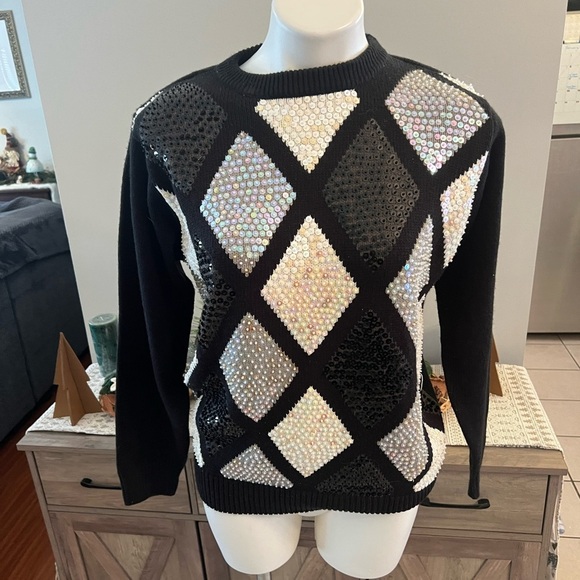 Alfred Dunner petite 80s 90s black grey and white sequins vintage sweater - Picture 2 of 4